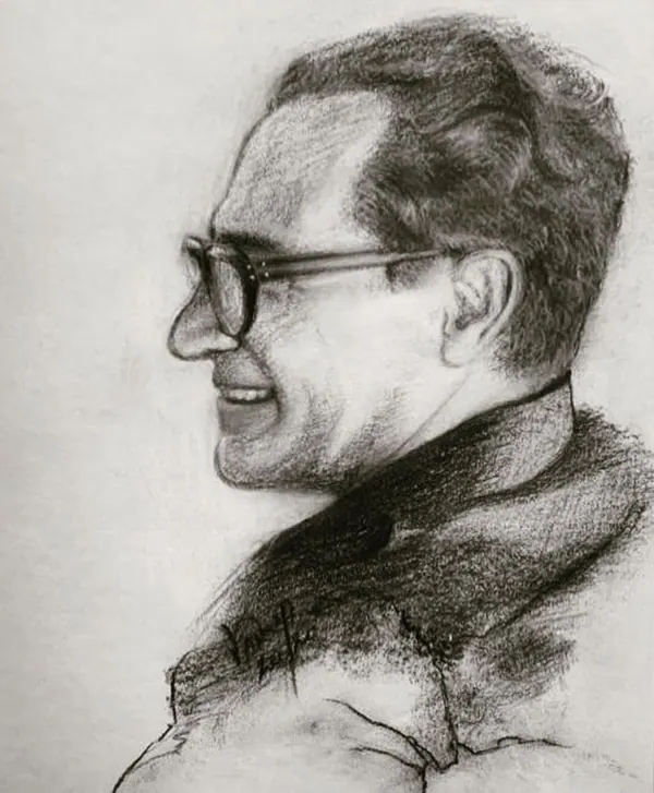 A charcoal sketch depicts His Majesty with glasses in profile, wearing a dark collared jacket — a public domain photograph from The Shah of Iran archive documenting the Pahlavi era.