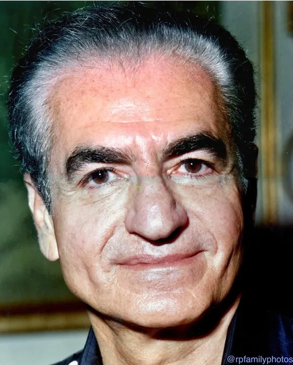 A close-up portrait of an older man with grey hair and dark eyebrows looking toward the camera — a public domain photograph from The Shah of Iran archive documenting the Pahlavi era.