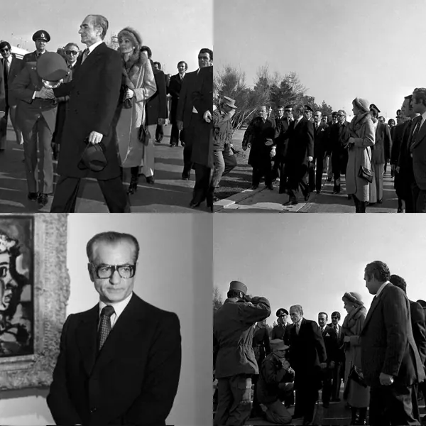 Four black-and-white panels depict men in suits and uniforms walking outdoors and a close-up portrait of His Majesty — a public domain photograph from The Shah of Iran archive documenting the Pahlavi era.
