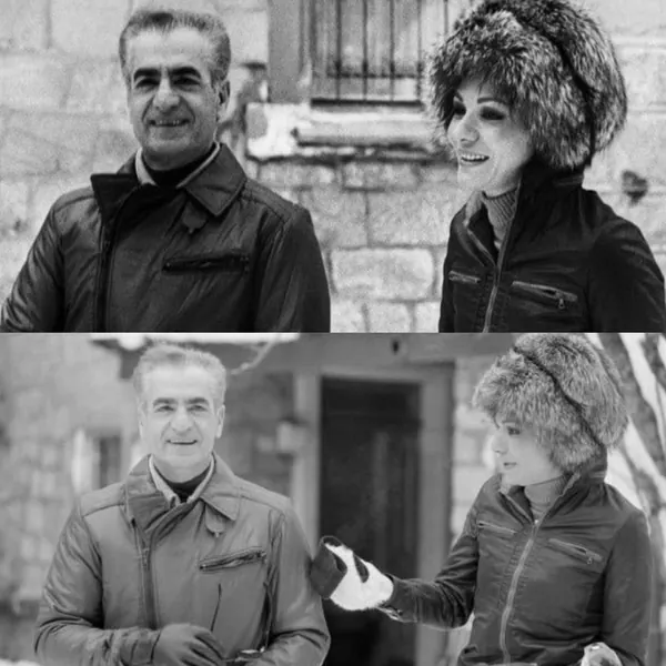 His Majesty, the Shah of Iran and Farah Pahlavi, Empress of Iran, in winter jackets stand outdoors against a stone wall in two frames — a public domain photograph from The Shah of Iran archive documenting the Pahlavi era.