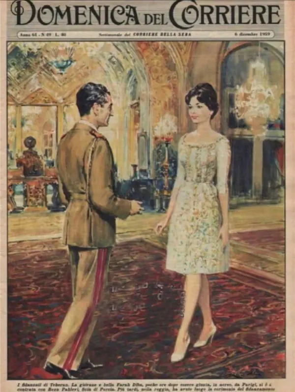 His Majesty, the Shah of Iran in a brown uniform and Farah Pahlavi, Empress of Iran, in a light-colored dress stand in an ornate room — a public domain photograph from The Shah of Iran archive documenting the Pahlavi era.