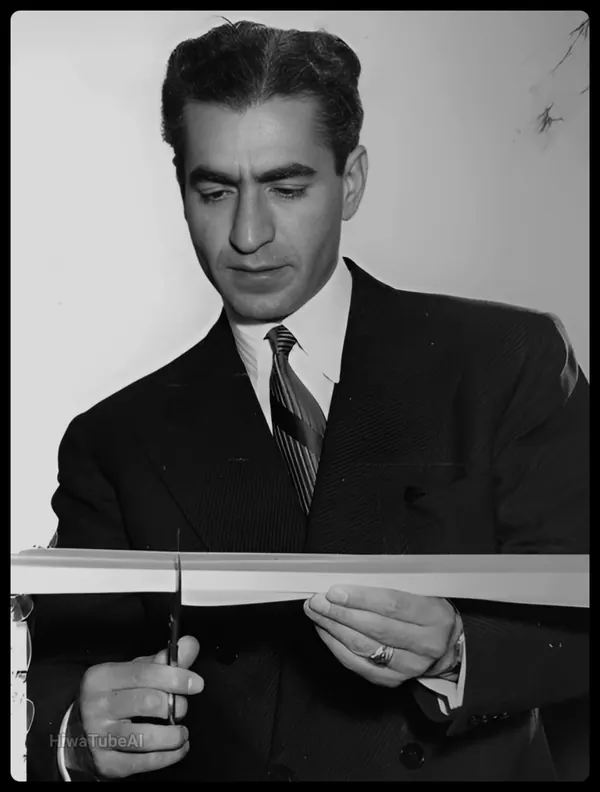 His Majesty, the Shah of Iran in a dark suit and tie uses scissors to cut a white ribbon — a public domain photograph from The Shah of Iran archive documenting the Pahlavi era.