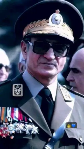 His Majesty, the Shah of Iran in a decorated military uniform and sunglasses wears a peaked cap and looks forward — a public domain photograph from The Shah of Iran archive documenting the Pahlavi era.