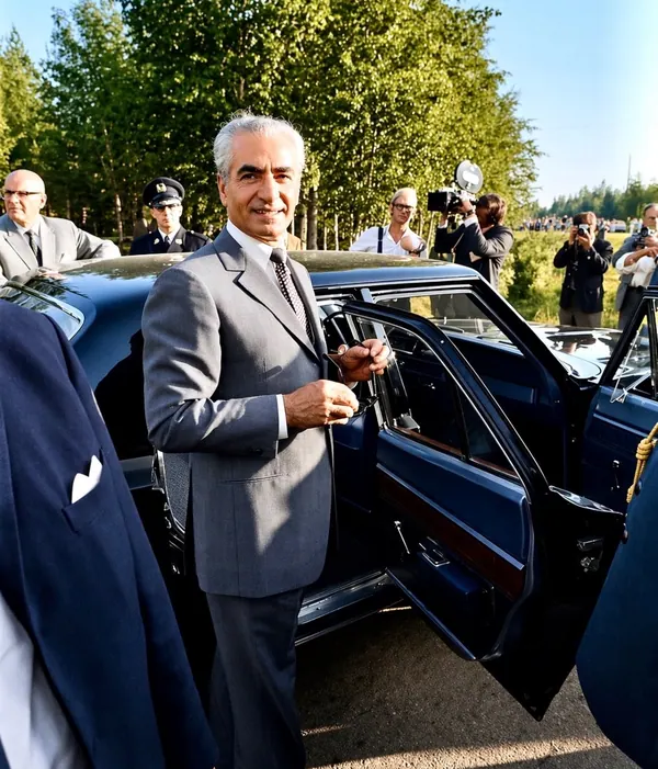His Majesty, the Shah of Iran in a grey suit exits a dark luxury car while photographers and guards look on — a public domain photograph from The Shah of Iran archive documenting the Pahlavi era.