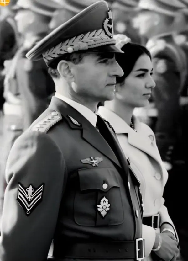 His Majesty, the Shah of Iran in a military uniform and Farah Pahlavi, Empress of Iran, in a light-colored coat stand side by side — a public domain photograph from The Shah of Iran archive documenting the Pahlavi era.