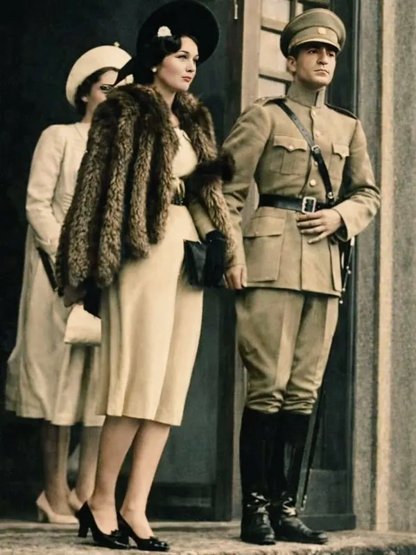 His Majesty, the Shah of Iran in military uniform stands beside Farah Pahlavi, Empress of Iran, wearing a fur stole and a wide hat — a public domain photograph from The Shah of Iran archive documenting the Pahlavi era.
