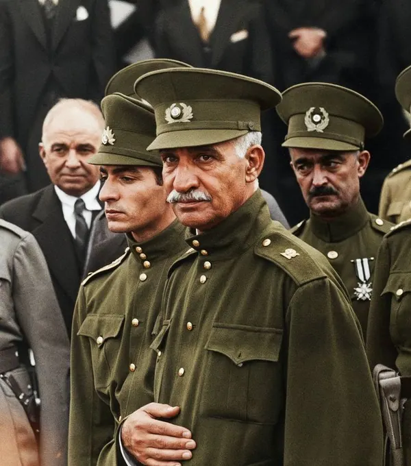 Men in olive green military uniforms and peaked caps stand beside His Majesty in a dark suit — a public domain photograph from The Shah of Iran archive documenting the Pahlavi era.