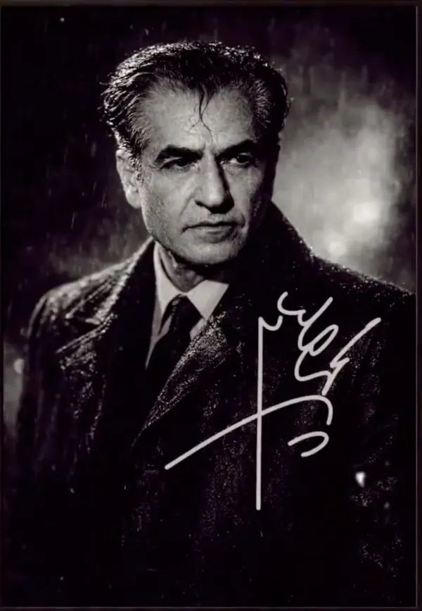 His Majesty, the Shah of Iran in a dark overcoat and tie looks forward against a dark, rainy background — a public domain photograph from The Shah of Iran archive documenting the Pahlavi era.