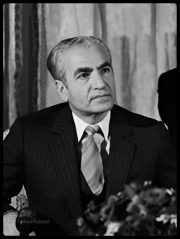 His Majesty, the Shah of Iran in a dark pinstripe suit and tie looks slightly to the side against curtains — a public domain photograph from The Shah of Iran archive documenting the Pahlavi era.