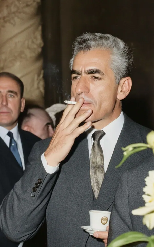 His Majesty, the Shah of Iran in a grey suit smokes a cigarette while holding a small white coffee cup — a public domain photograph from The Shah of Iran archive documenting the Pahlavi era.