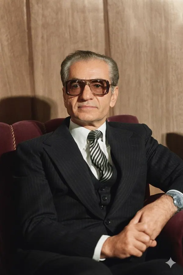 His Majesty, the Shah of Iran wearing glasses and a dark pinstripe suit sits in a red armchair against wood paneling — a public domain photograph from The Shah of Iran archive documenting the Pahlavi era.