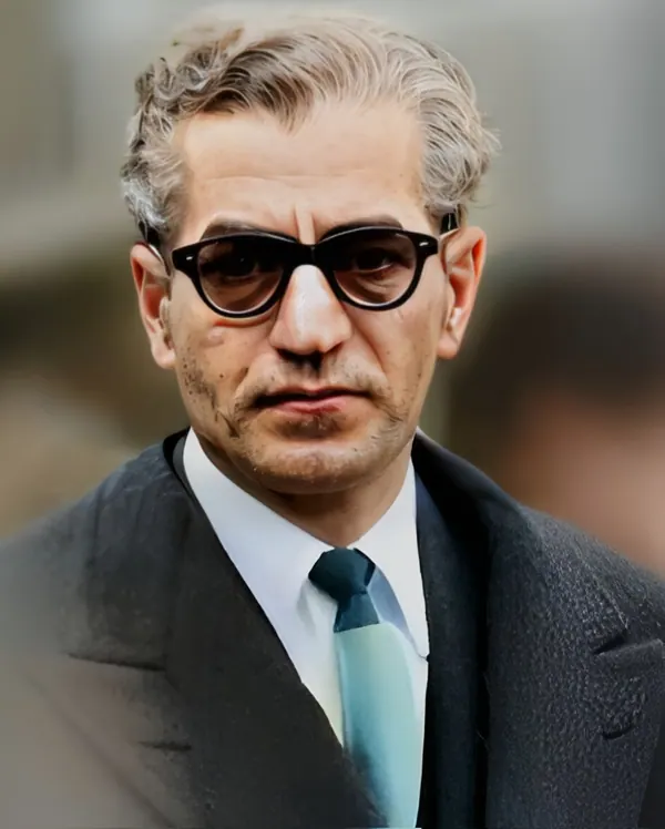 His Majesty, the Shah of Iran with grey hair wears dark glasses, a white shirt, a tie, and a dark coat — a public domain photograph from The Shah of Iran archive documenting the Pahlavi era.